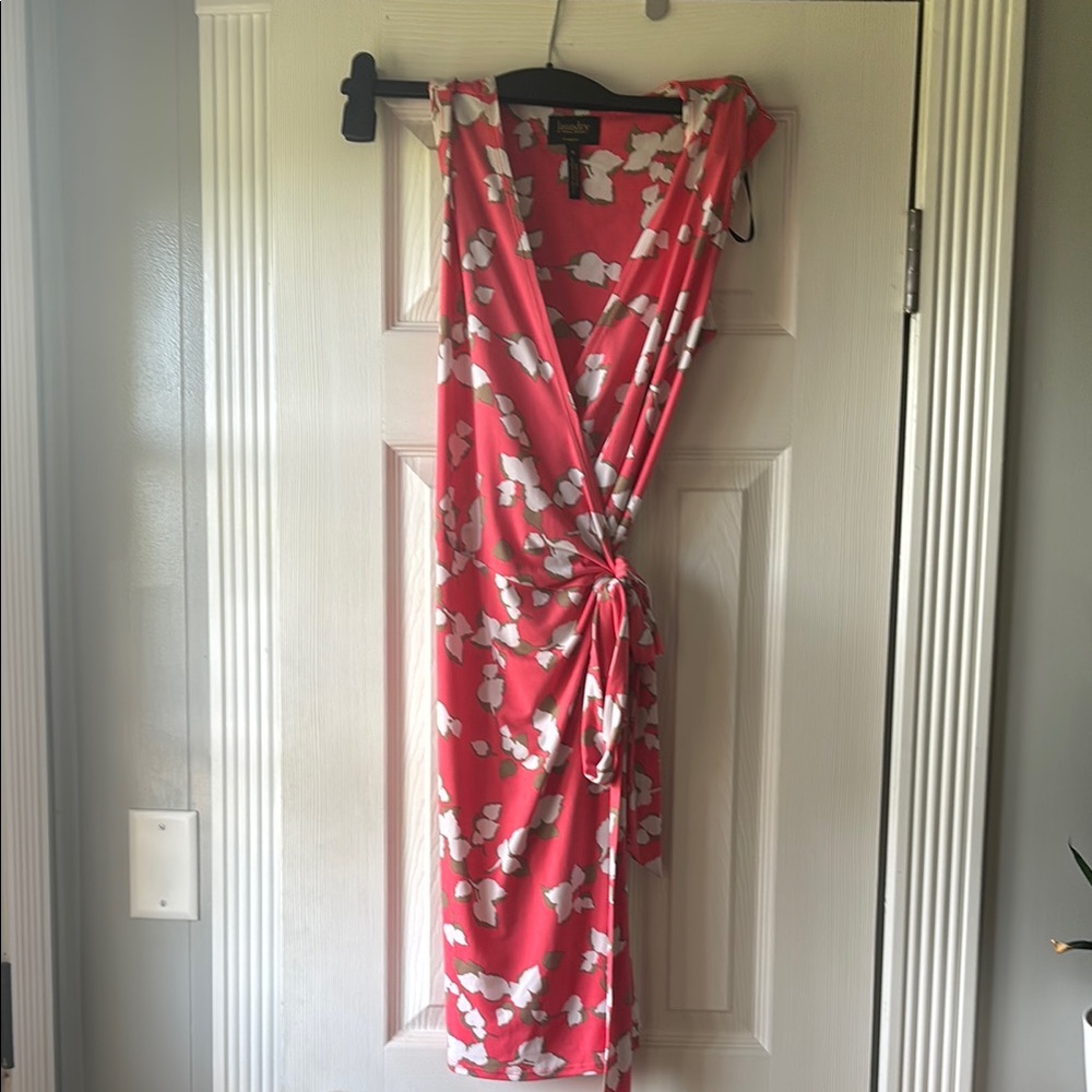 Pink and White Sleeveless Wrap Midi Dress